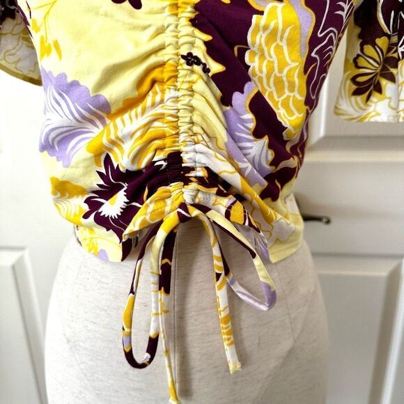 Maeve Anthropologie cinched yellow floral flutter  sleeve tie top - Picture 4 of 12